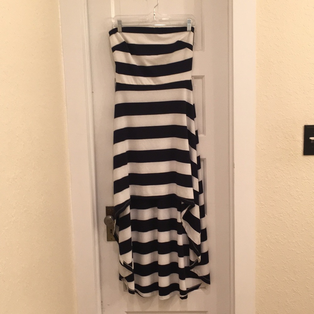 Navy & white striped strapless dress, high-low hem